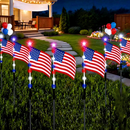 8-in-1 Patriotic Solar Powered LED US Flag Stake Lights Weatherproof Lawn & Pathway Lighting
