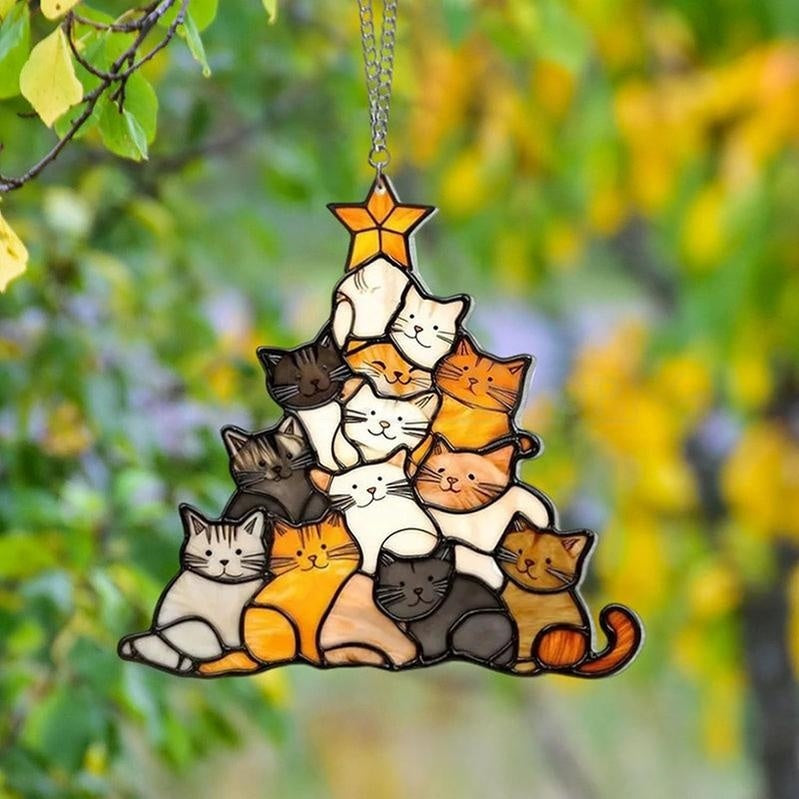 Adorable Cat Tree Suncatcher Ornament - Home Window Wall Holiday Decor Acrylic Ornament