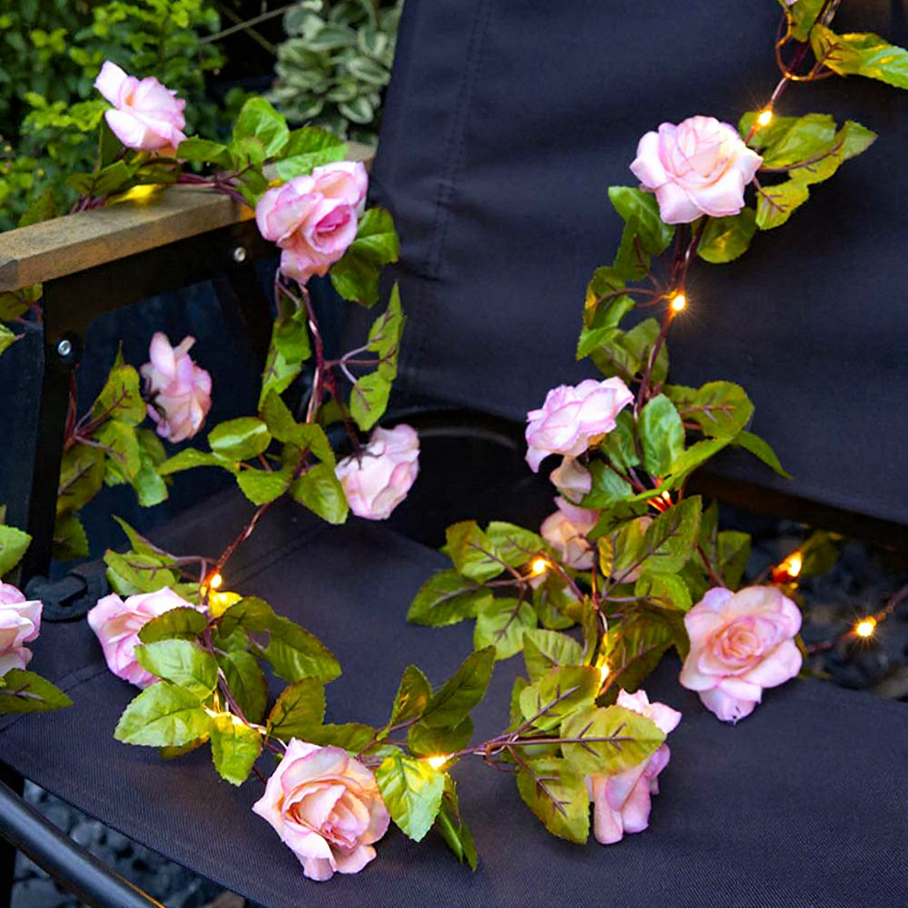 Battery Powered LED Rose Garland Lights - 6.56 Ft, Indoor Outdoor Floral Lighting