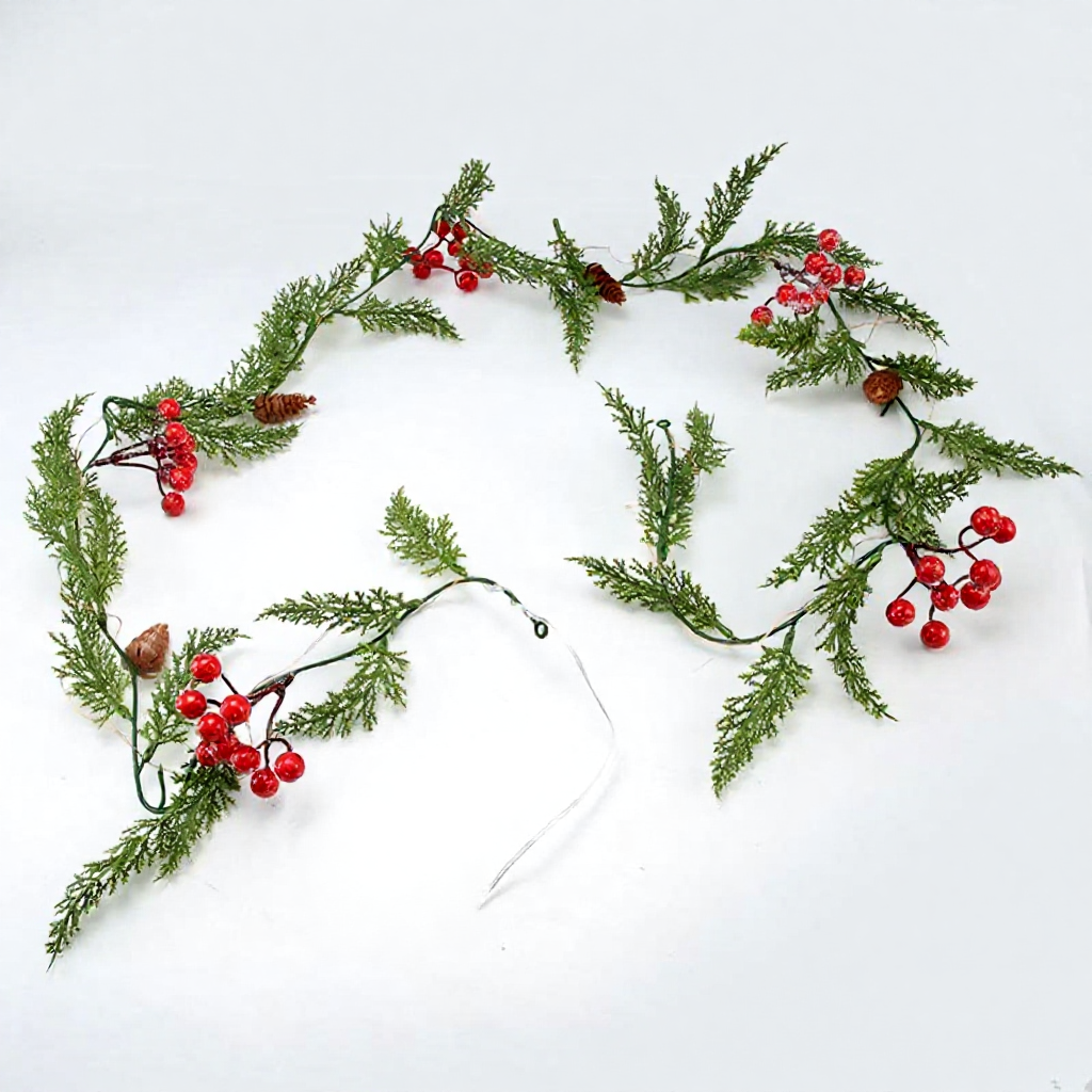 Battery Powered Warm White LED Christmas Pine Needle Garland Lights - Mantel & Staircase Holiday Decor