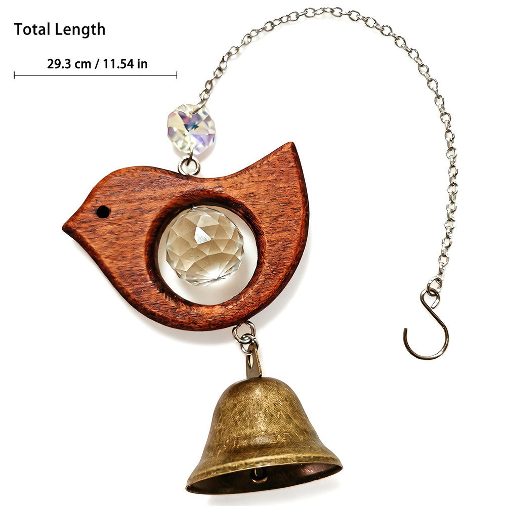 Boho Nature Hand-Carved Wood & Crystal Prism Bird Wind Chime - 11.5-Inch Long, Porch & Garden Decor