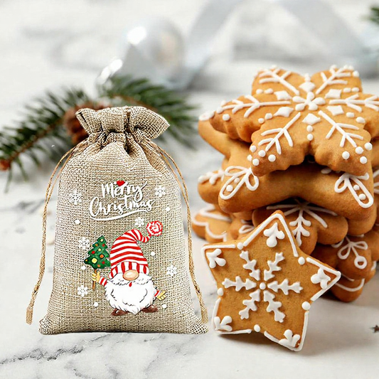 Christmas Burlap Drawstring Gift Bags - 12 Pack, Rustic Holiday Treat & Goodie Bags