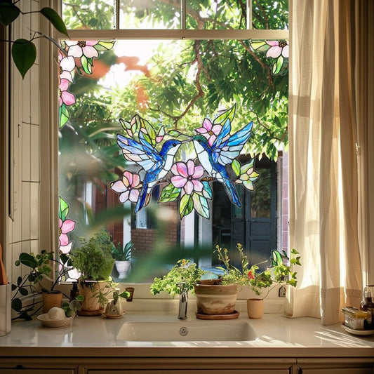 Colorful Hummingbird Flower Window Cling - Window Decor