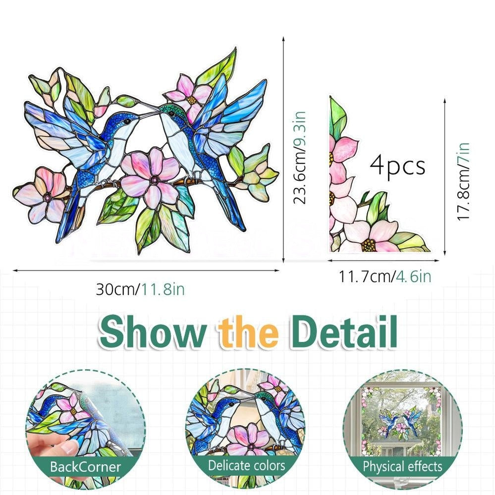 Colorful Hummingbird Flower Window Cling - Window Decor