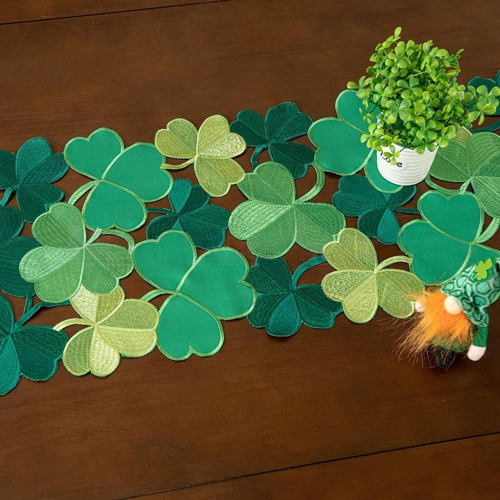 Embroidered Irish Clover Table Runner - 15×34 Inch, St.Patrick’s Day Novelty Dining Table Decor