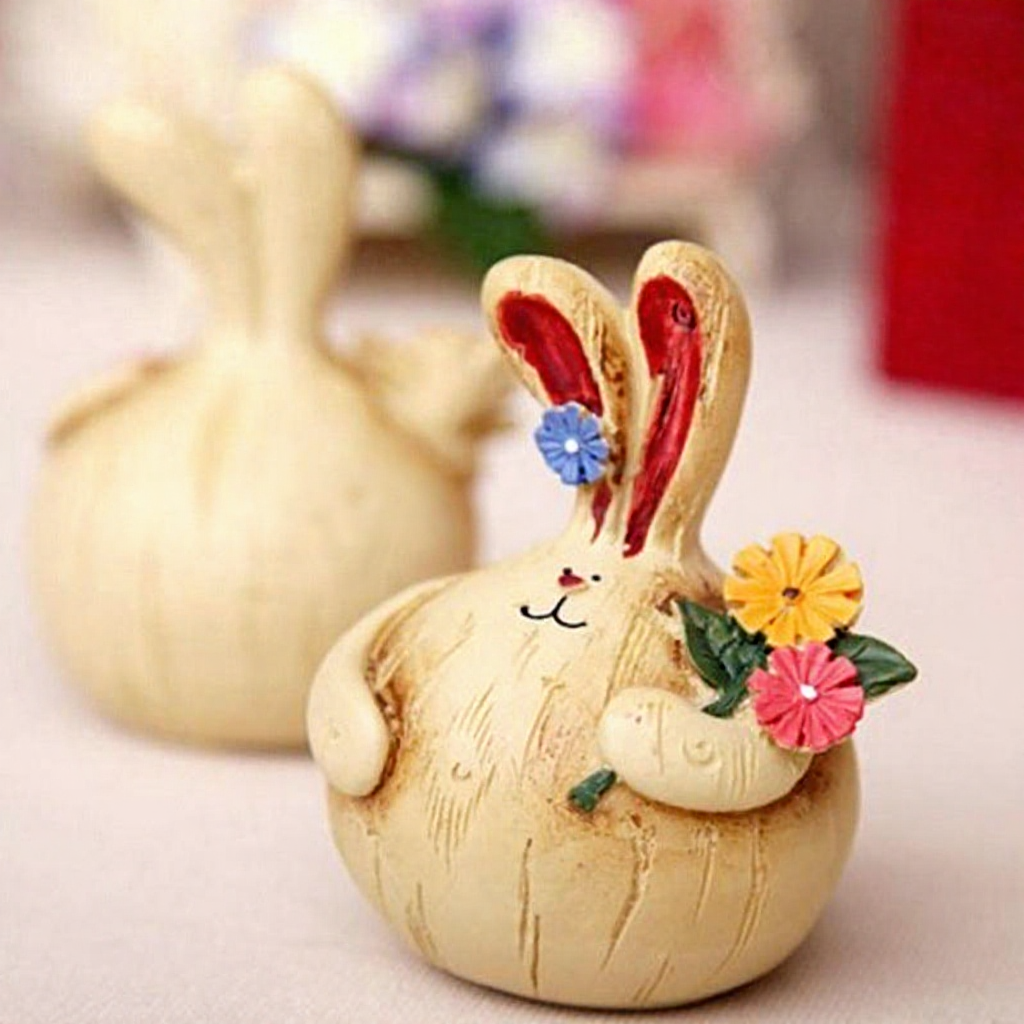 Hand Painted Resin Bunny Figurines - Set of 2, Easter Lawn Patio Garden Decor