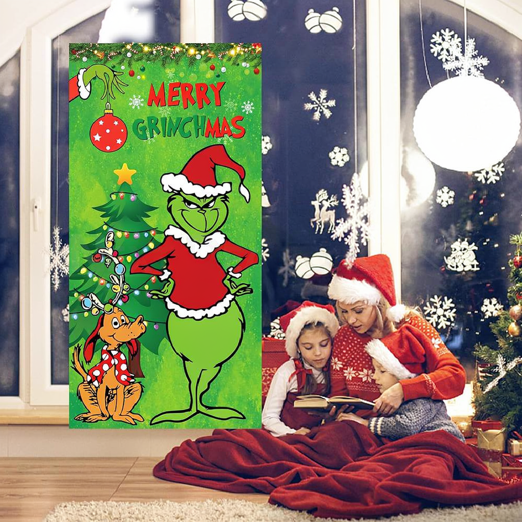 Merry Grinchmas Door Cover - Home Front Door Wall Holiday Party Decor