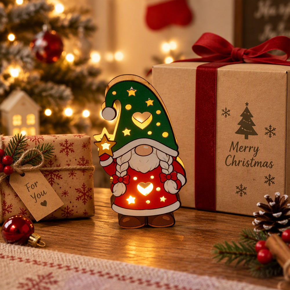 Adorable Christmas Wooden Gnome with LED Lights - Set of 3, Tabletop Holiday Home Mantel Shelf Decoration