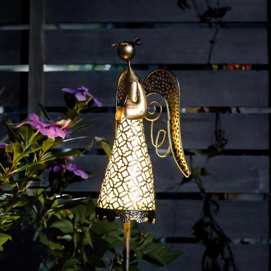 Solar Powered Iron Angel Warm White LED Stake Light - Weatherproof Outdoor Lawn Pathway Garden Lighting