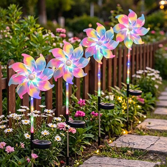 Solar Powered Multicolor LED Pinwheel Garden Stake Light - Waterproof Yard Lighting