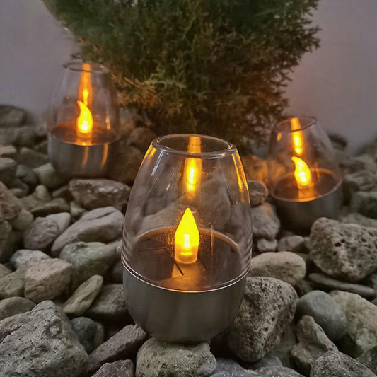 Solar Powered Stainless Steel Flickering LED Candle Light - Waterproof Outdoor Table Decor