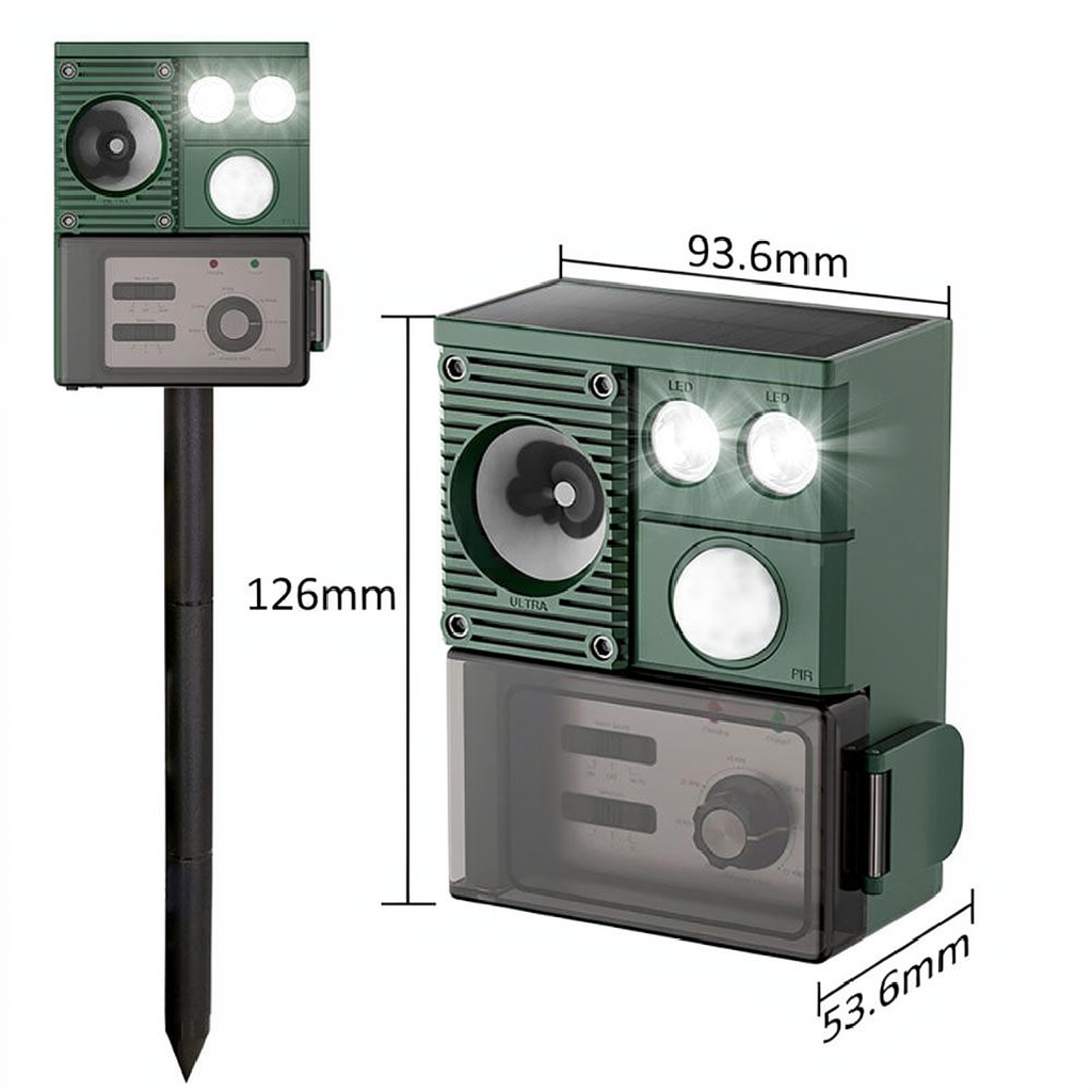 Solar Powered Ultrasonic Animal Repellent Device - Weatherproof Yard Garden Outdoor Pest Animal Deterrent