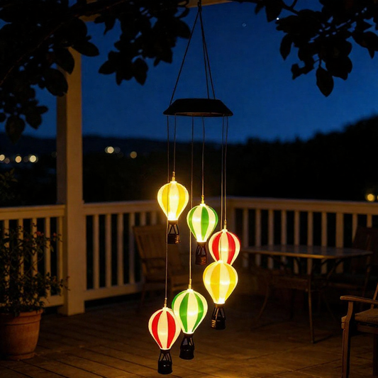 Solar Powered Warm LED Hot Air Balloon Wind Chime Lights - Weatherproof Patio Hanging Lighting