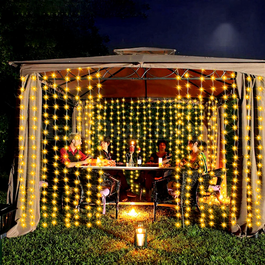 Solar Powered Warm White LED Fairy Curtain Lights, - Waterproof Outdoor Window Patio Garden Holiday Lighting