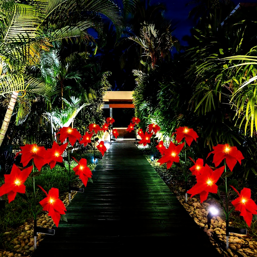 Solar Powered Warm White LED Poinsettia Flower Stake Light - 2 Pack, Weatherproof Outdoor Lawn Pathway Holiday Garden Lighting