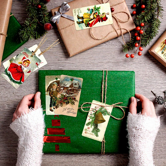 Vintage Christmas Gift Tags - 50 Pack, Retro Holiday Label Tags for Gift Wrapping