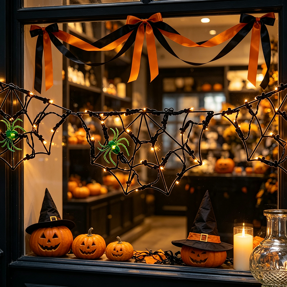 Spooky Spider Web LED String Lights with Spiders - Halloween Mantel Wall Window Holiday Party Decor Lighting