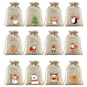 12 Pcs - Christmas Burlap Drawstring Gift Bag