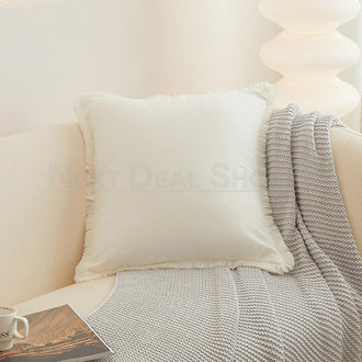 17 X17 inch Cozy White Pillow Cover with Fringe