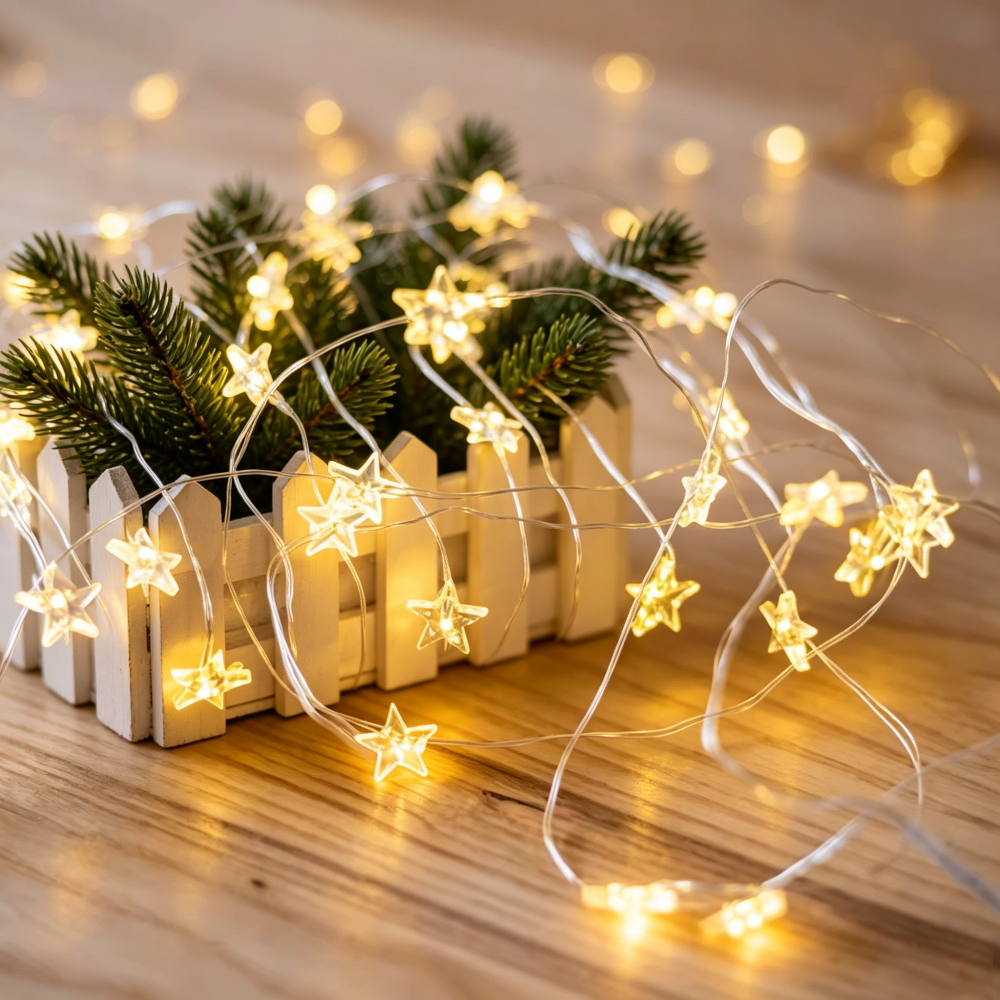 Battery Powered Christmas Star Fairy String Lights - 6.56 ft, 20 LED, Xmas Home Mantel Table Decor