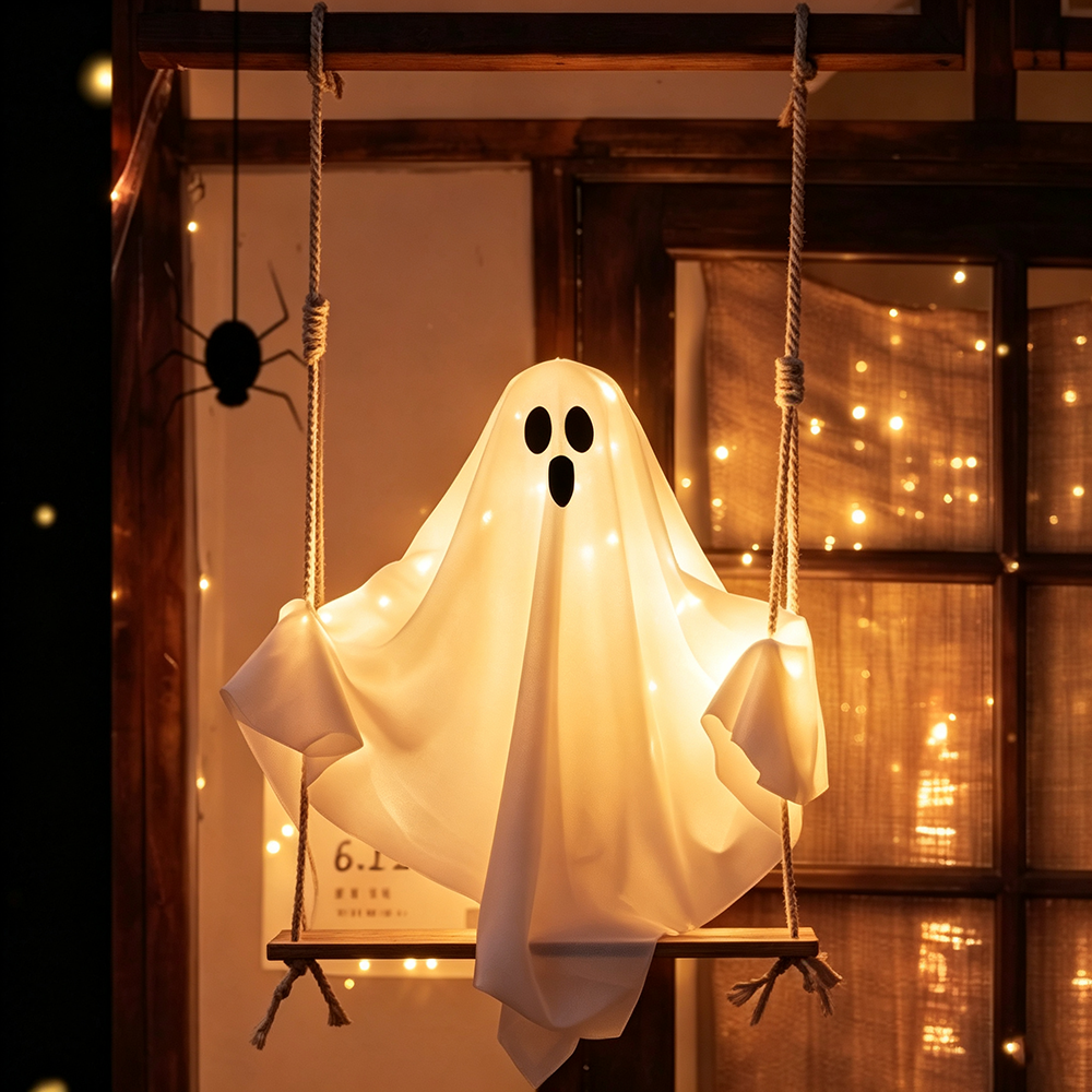 Spooky Glowing Swinging Ghost Hanging Decor - Halloween Decorations for Window Porch Tree Yard Party