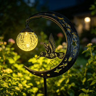 Solar Powered Hummingbird Moon Crackle Glass Ball Warm LED Stake Light - Waterproof Walkway Lighting