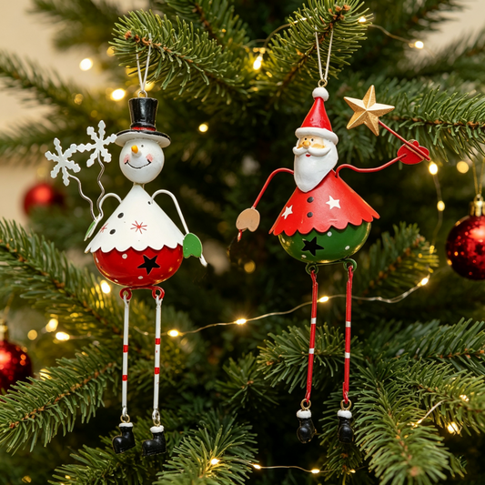 2 Pcs Christmas Metal Santa & Snowman Hanging Ornaments Set - Xmas Tree Decor