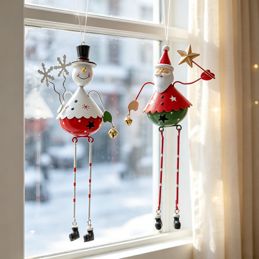 2 Pcs Christmas Metal Santa & Snowman Hanging Ornaments Set - Xmas Tree Decor
