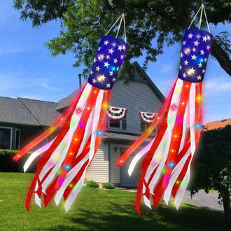 2 Pcs - Patriotic American Flag Windsock with LED Lights