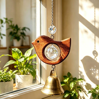 Boho Nature Hand-Carved Wood & Crystal Prism Bird Wind Chime - 11.5-Inch Long, Porch & Garden Decor