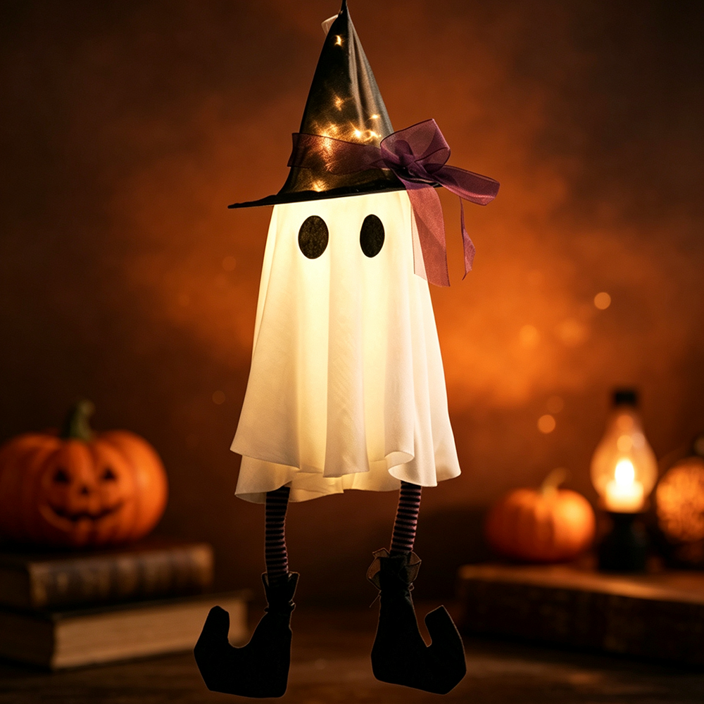 Spooky Glowing Hanging Ghost with Witch Hat - Halloween Porch Tree Holiday Party Decor Lighting