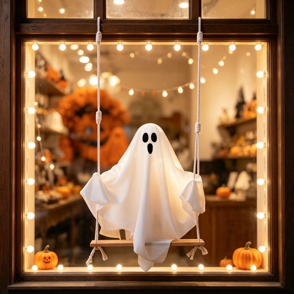 Spooky Glowing Swinging Ghost Hanging Decor - Halloween Decorations for Window Porch Tree Yard Party