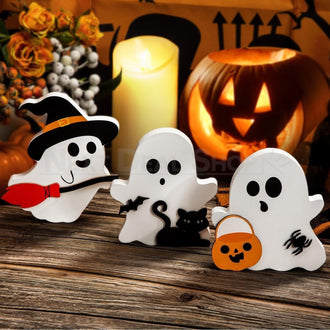 3 Pcs - Halloween Wooden Ghost Decor