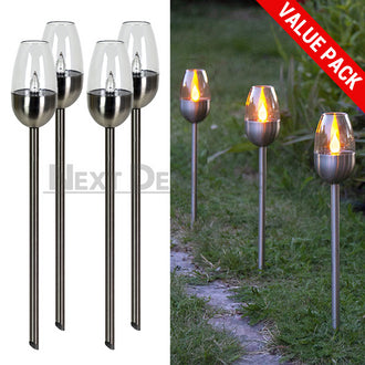 4 Pcs - Solar Powered Stainless Steel LED Candle Stake Light