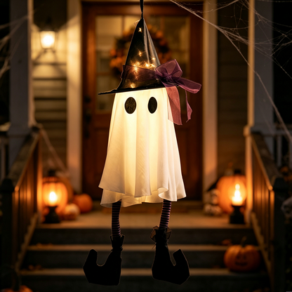 Spooky Glowing Hanging Ghost with Witch Hat - Halloween Porch Tree Holiday Party Decor Lighting