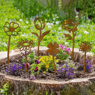 6 Pcs Rustic Metal Flower Garden Stake Set