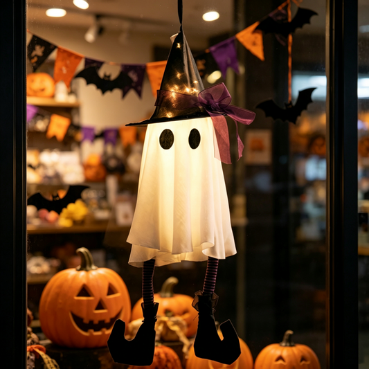 Spooky Glowing Hanging Ghost with Witch Hat - Halloween Porch Tree Holiday Party Decor Lighting