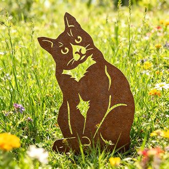 Rustic Metal Cat Silhouette Garden Stake - 11.8-Inch Tall, Yard & Walkway Decor