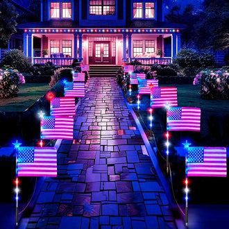 8-in-1 Patriotic Solar Powered LED US Flag Stake Lights ‑Weatherproof Lawn & Pathway Lighting
