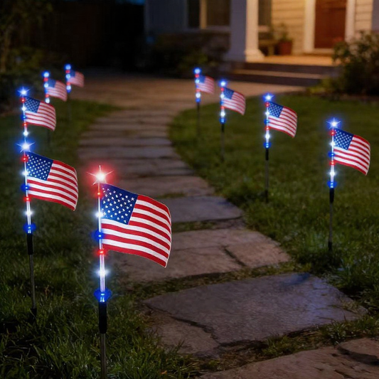 8-in-1 Patriotic Solar Powered LED US Flag Stake Lights Weatherproof Lawn & Pathway Lighting
