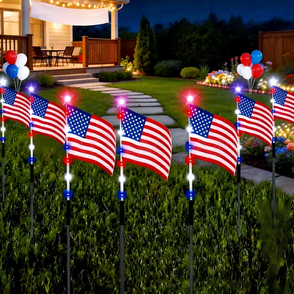 8-in-1 Patriotic Solar Powered LED US Flag Stake Lights Weatherproof Lawn & Pathway Lighting