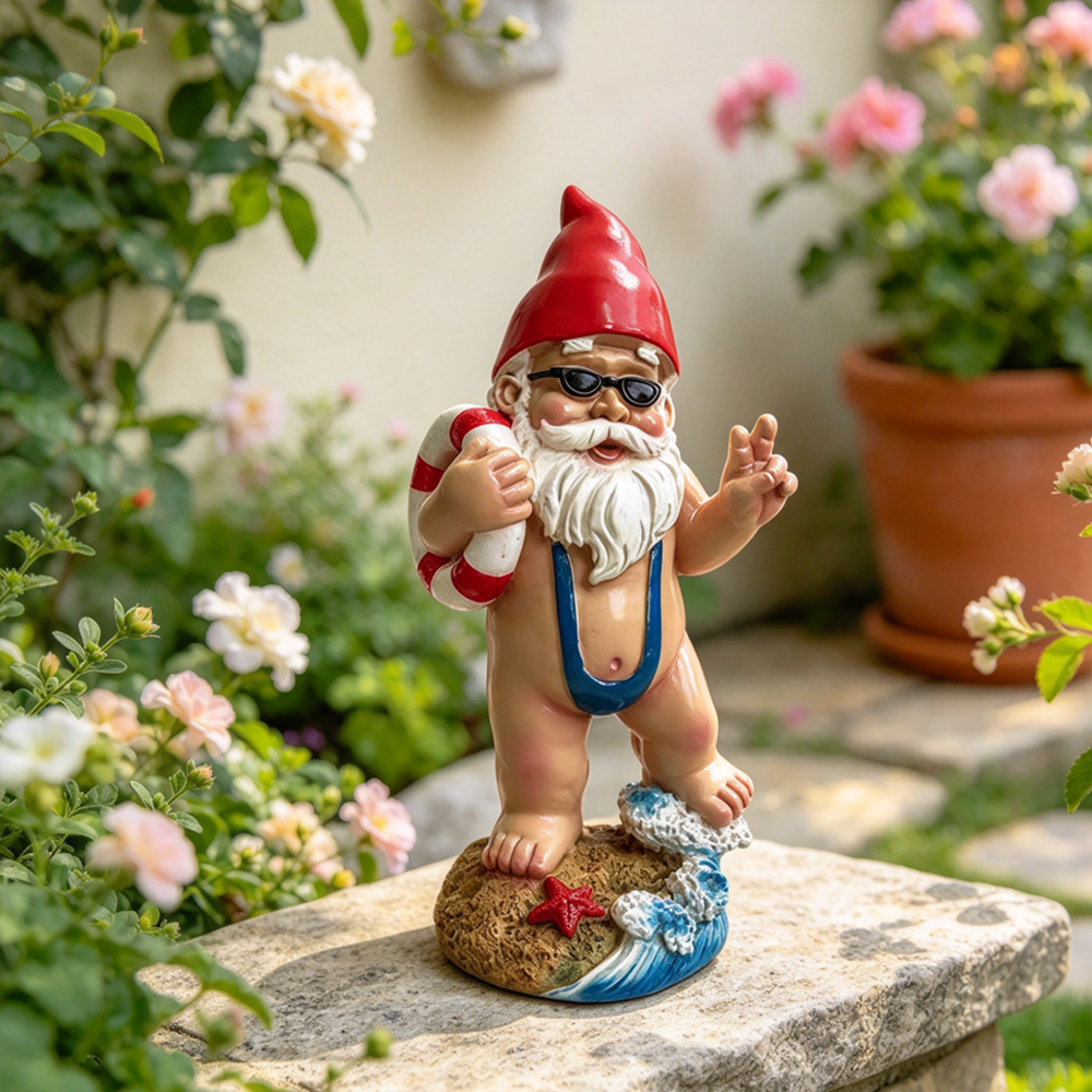 Funny Resin Swimsuit Beach Gnome Garden Figurine with Lifebuoy - 5.3-Inch, Outdoor Lawn Patio Nautical Decor Statue
