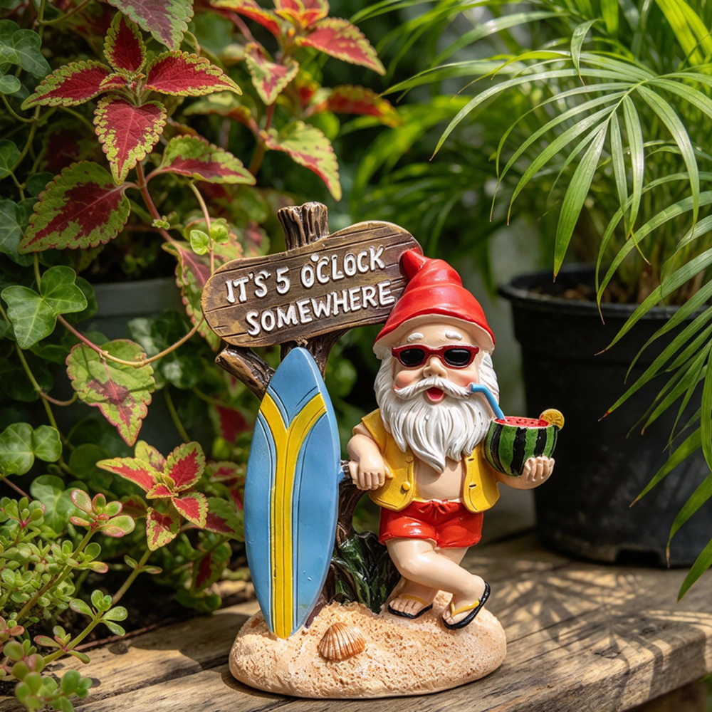 Funny Resin Beach Gnome Garden Figurine with Surfboard - 5.9-Inch, Outdoor Lawn Patio Decor Statue