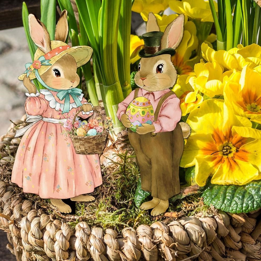 Adorable Bunny Garden Yard Stakes  -  Set of 2, 10-Inch, Flower Bed & Lawn Outdoor Decor