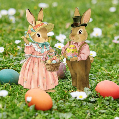 Adorable Bunny Garden Yard Stakes  -  Set of 2, 10-Inch, Flower Bed & Lawn Outdoor Decor