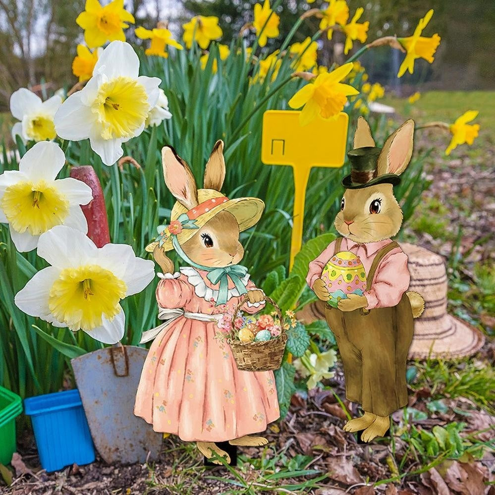 Adorable Bunny Garden Yard Stakes  -  Set of 2, 10-Inch, Flower Bed & Lawn Outdoor Decor