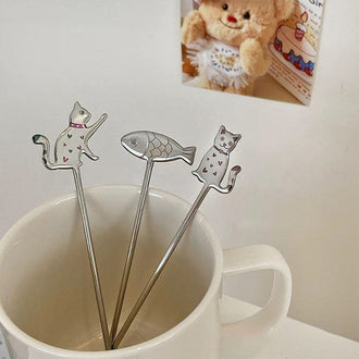 Adorable Cat & Fish Stainless‑Steel Stirring Spoon - Set of 3, Kitchen Utensil