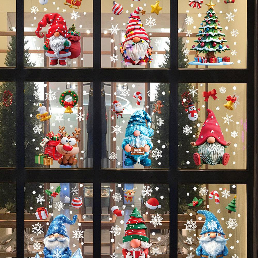 Adorable Christmas Gnome Window Clings Set - Home Window Xmas Holiday Decor