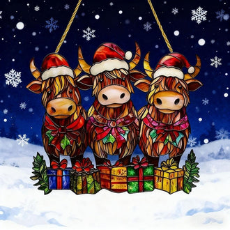 Adorable Christmas Highland Cow Hanging Decor - 7.8-Inch Window & Wall Christmas Decor
