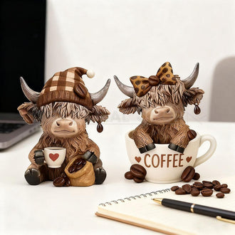 Adorable Coffee Highland Cow Figurine